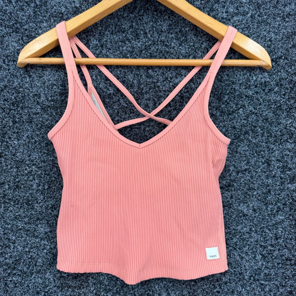 Vuori Mindset Tank Grapefruit Pink Ribbed Strappy Cross Back Yoga Top XS VW189
